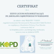 Certyfikat uznania - Błękitny Tydzień - Akcja Samorządu Szkolnego (październik 2021 r.)
