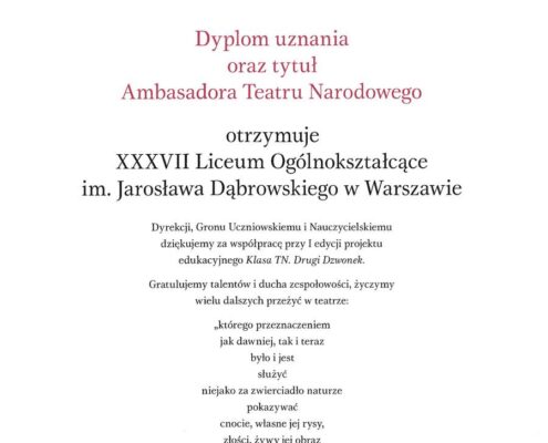 Dyplom uznania i tytuł Ambasadora Teatru Narodowego (czerwiec 2022)