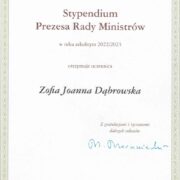 Zdjęcie - Stypendium Prezesa Rady Ministrów dla Zofii Dąbrowskiej z kl. 3a - dyplom (grudzień 2022 r.)