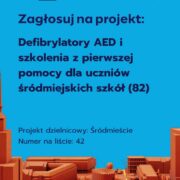 Plakat – głosowanie na projekt budżetu obywatelskiego - "Defibrylatory AED i szkolenia z pierwszej pomocy dla uczniów śródmiejskich szkół"