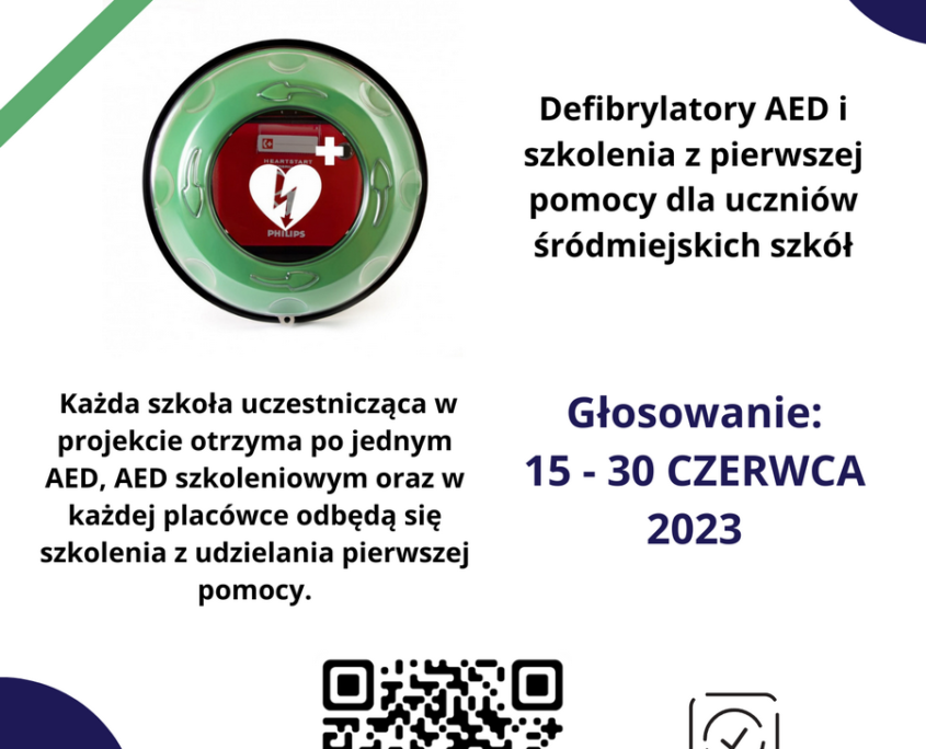 Plakat Karola Miodowskiego – głosowanie na projekt budżetu obywatelskiego - "Defibrylatory AED i szkolenia z pierwszej pomocy dla uczniów śródmiejskich szkół"