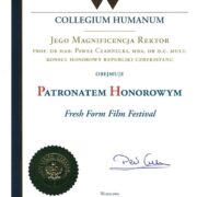 Plakat - 11 finał FRESH FORM FILM FESTIVAL - patronat honorowy Collegium Humanum (listopad 2023 r.)