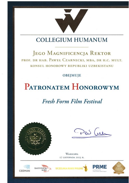 11 finał FRESH FORM FILM FESTIVAL - patronat honorowy Collegium Humanum (listopad 2023 r.)